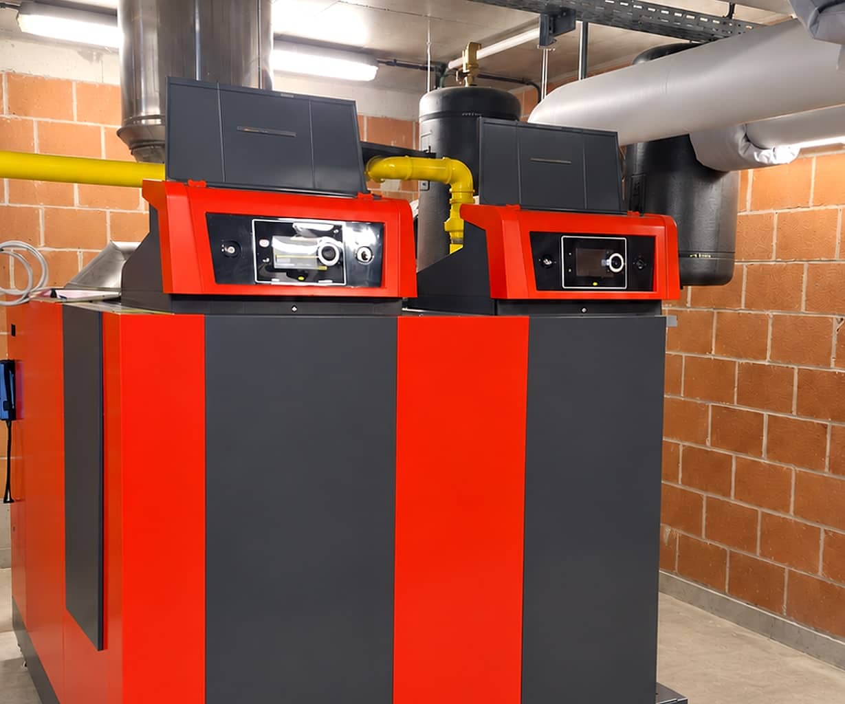 Tableaux de commande de deux chaudières Remeha Gas 620 Ace et conduite de gaz jaune dans une chaufferie collective