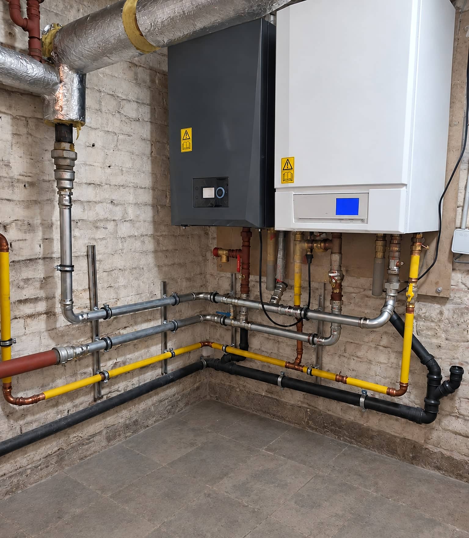 Chaudière murale Remeha anthracite et appareil voisin raccordés en acier serti, conduite de gaz jaune et évacuation noire